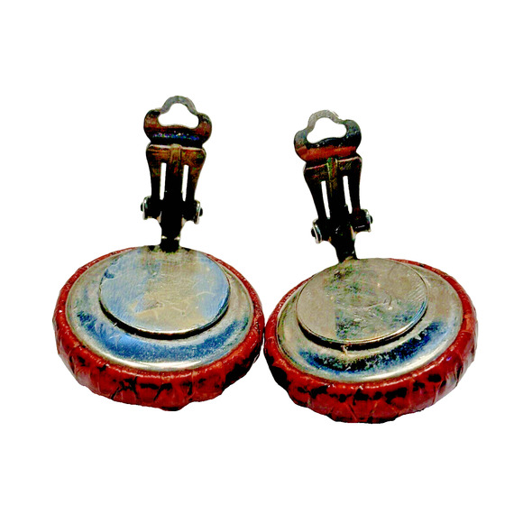 Vintage Mid Century Chunky Clip On Earrings Snakeskin Rounds Red Orange Leather - Picture 4 of 6